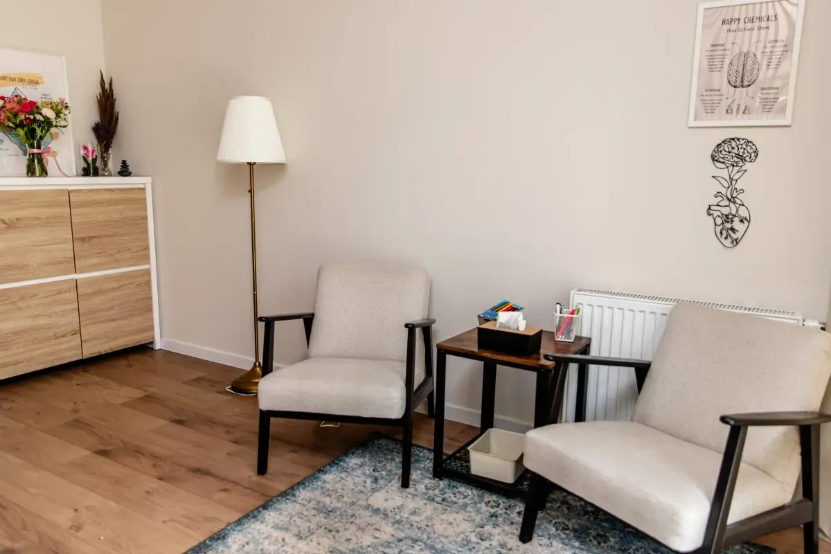 Gabinet psychoterapii dr Ana Okuskaite - pokój terapeutyczny z wygodnymi fotelami