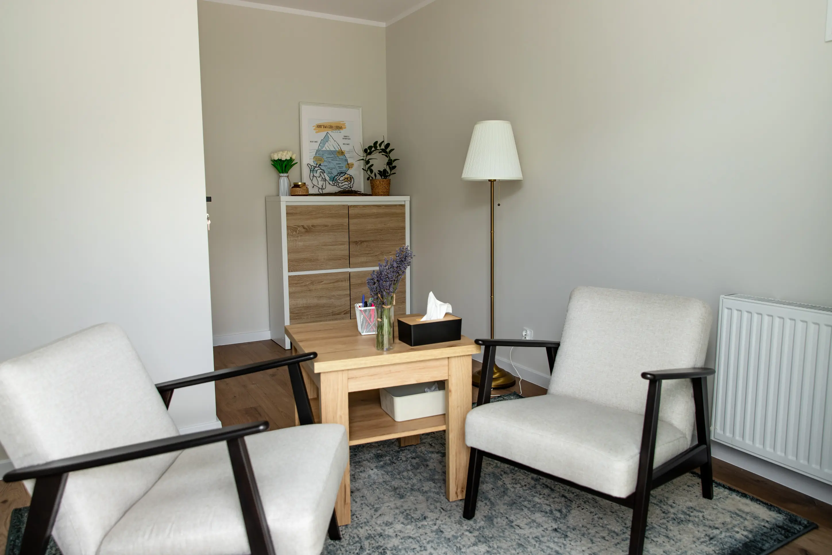 Gabinet psychoterapii dr Ana Okuskaite - pokój terapeutyczny z wygodnymi fotelami